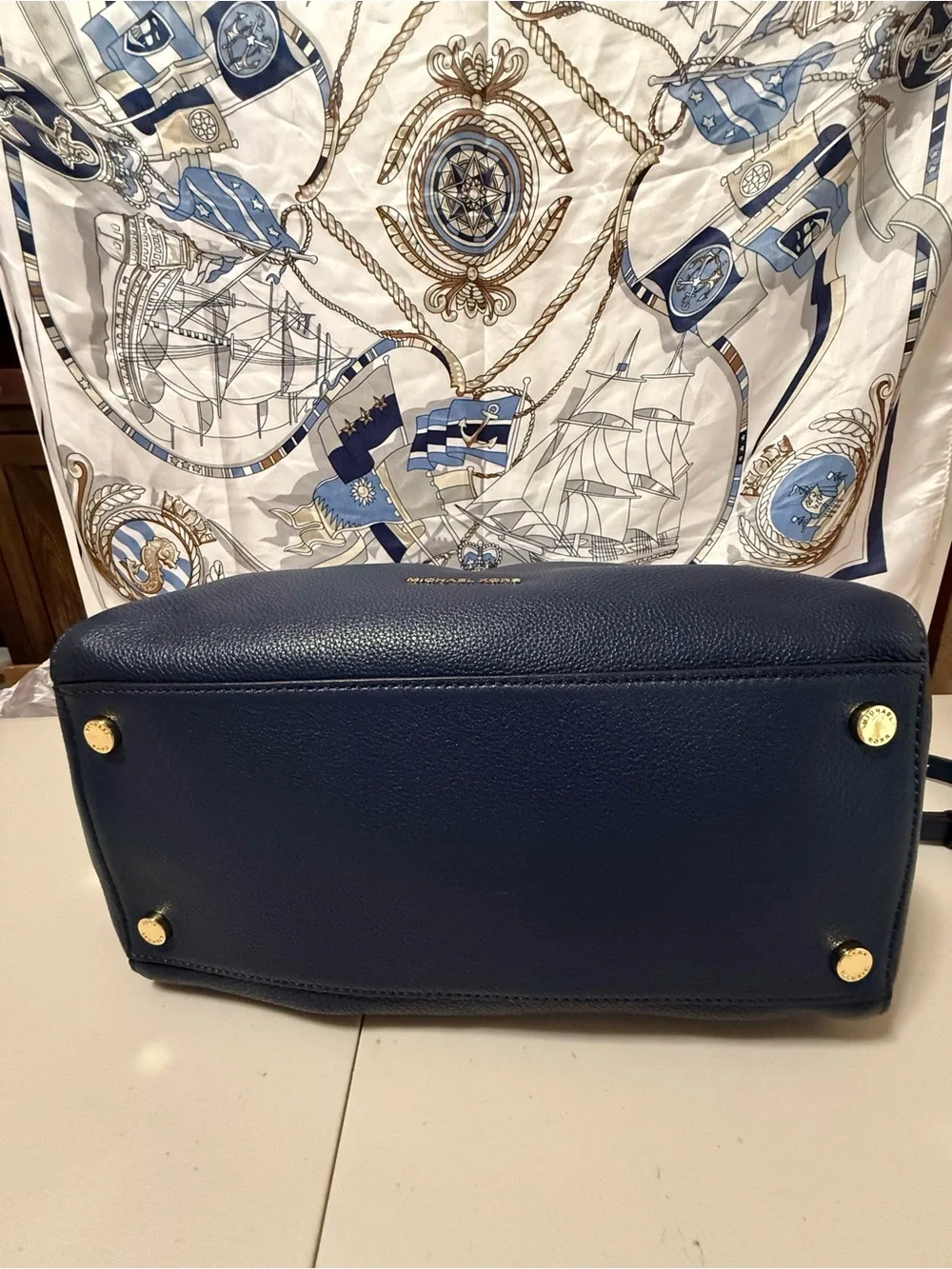 Michael Kors  Large Deep Navy Pebbled Leather Satchel with Gold Hardware NWT